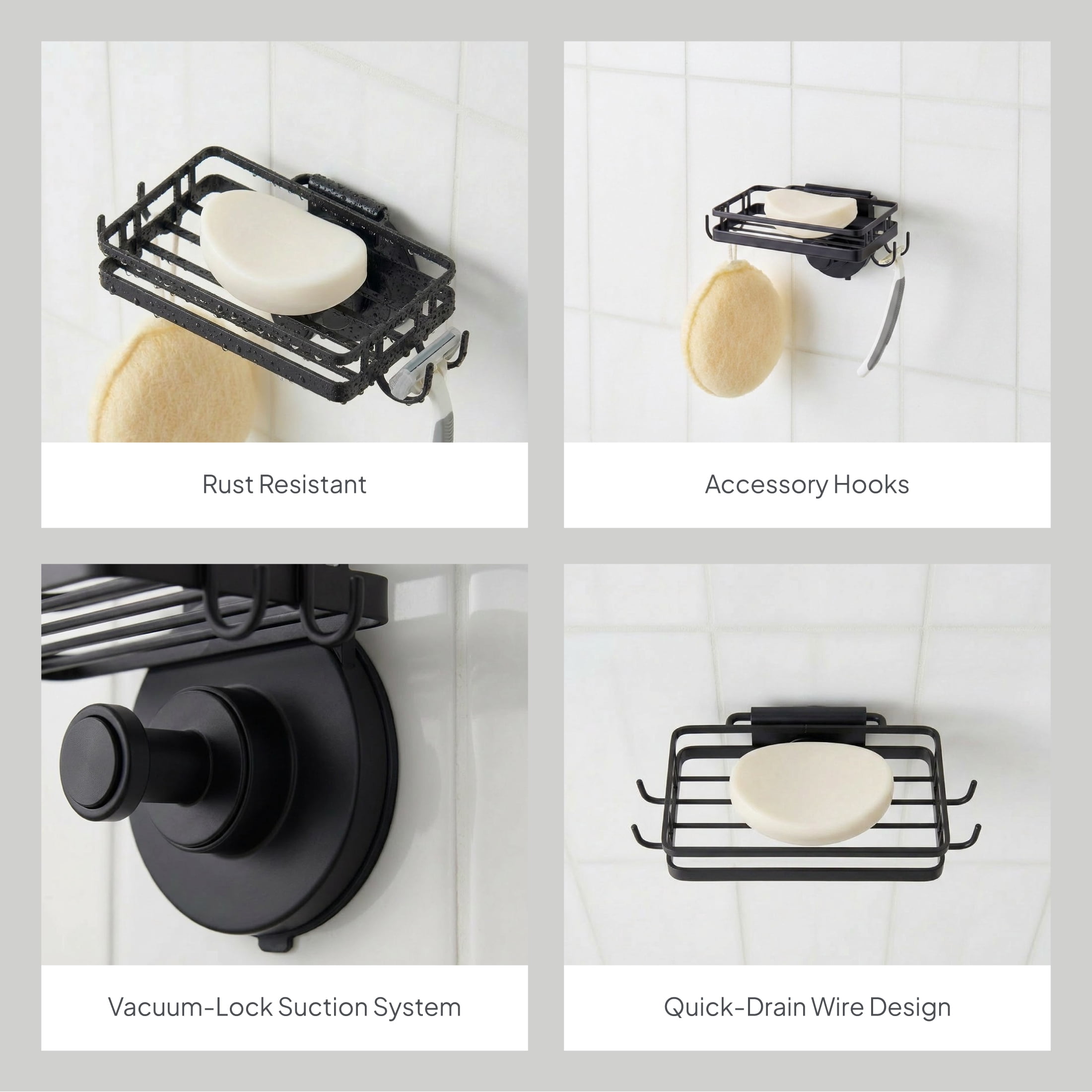 Better Homes & Gardens StyleGrip™ Suction Mount Soap Dish w/ Hooks, Matte Black