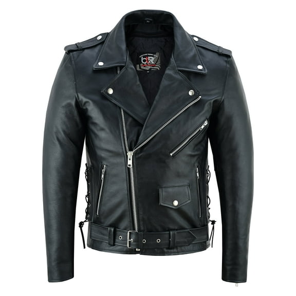 Men Motorcycle Brando Leather Jacket Distressed Zip Up Side Lacing Motorbike Jackets Black-40