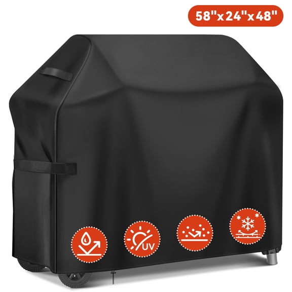 BBQ Grill Cover 58", Gas Grill Cover Waterproof & UV Resistant 420D Oxford Fabric Barbecue Cover with Windproof Straps & Drawstring, Fits Weber Char-Broil Nexgrill Brinkmann, Black