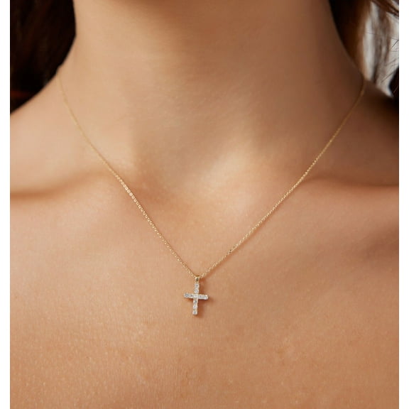14K Yellow Gold Plated Small Diamond Cross Necklace