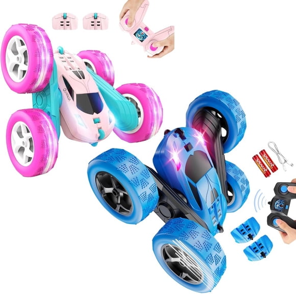 QUNREDA Remote Control Car for Kids Ages 6+, RC Cars Stunt Car Toy 4WD Double Sided 360° Rotating Remote Control with Headlights, Birthday Xmas Gifts for Boys | Girls 6 - 12 1-Blue & Pink