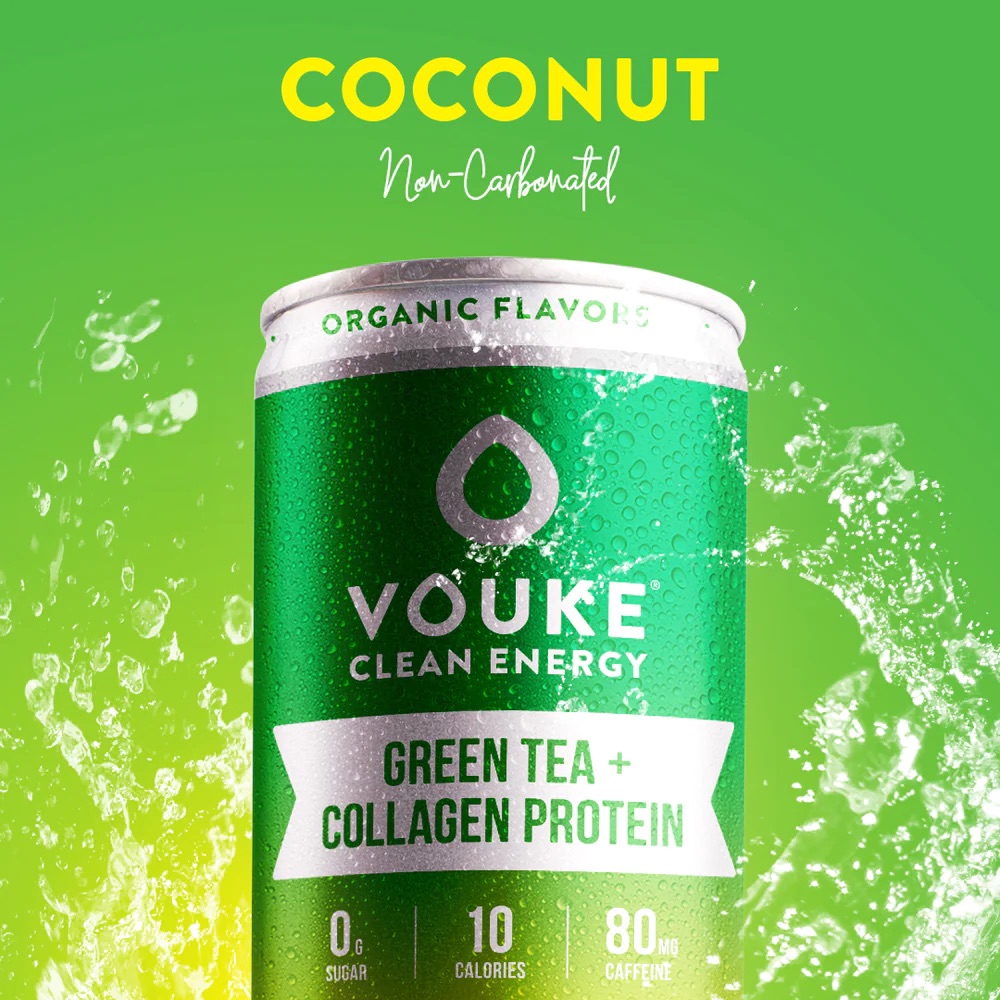 Vouke Coconut Green Tea + Collagen Clean Energy Drink - Non-Carbonated - 80mg Caffeine from Green Tea and matcha, Zero Sugar, 10 Calories (12FL OZ - 12 Pack)