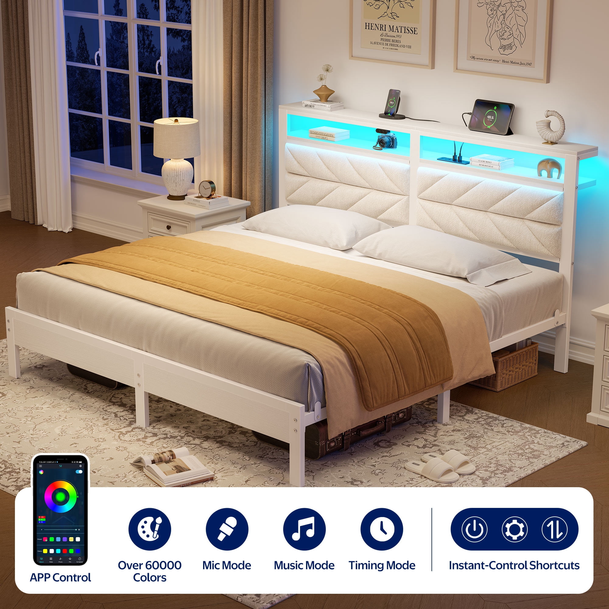 Greenstell King LED Bed Frame with Headboard Storage - Charging Station,Off White