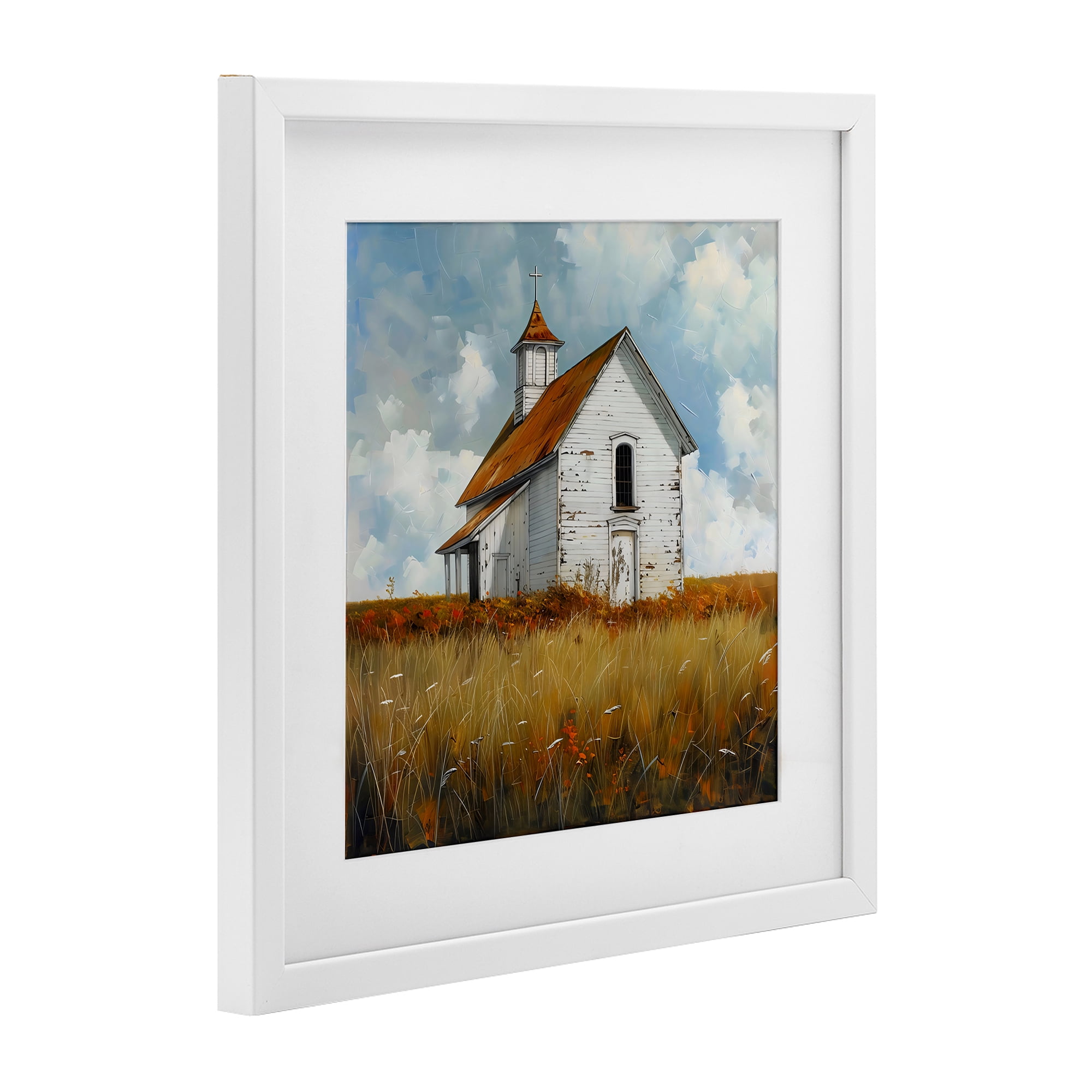 Stupell Industries Rustic Church in Field White Framed Print Under Glass, design by Creative Studio