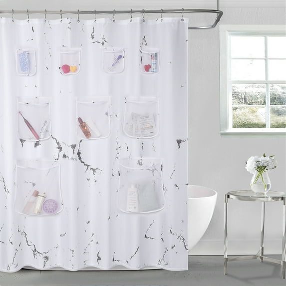 Yesfashion Shower Curtains with Pocket, Marble Design Waterproof Fabric Shower Curtain with Hooks for Bathroom