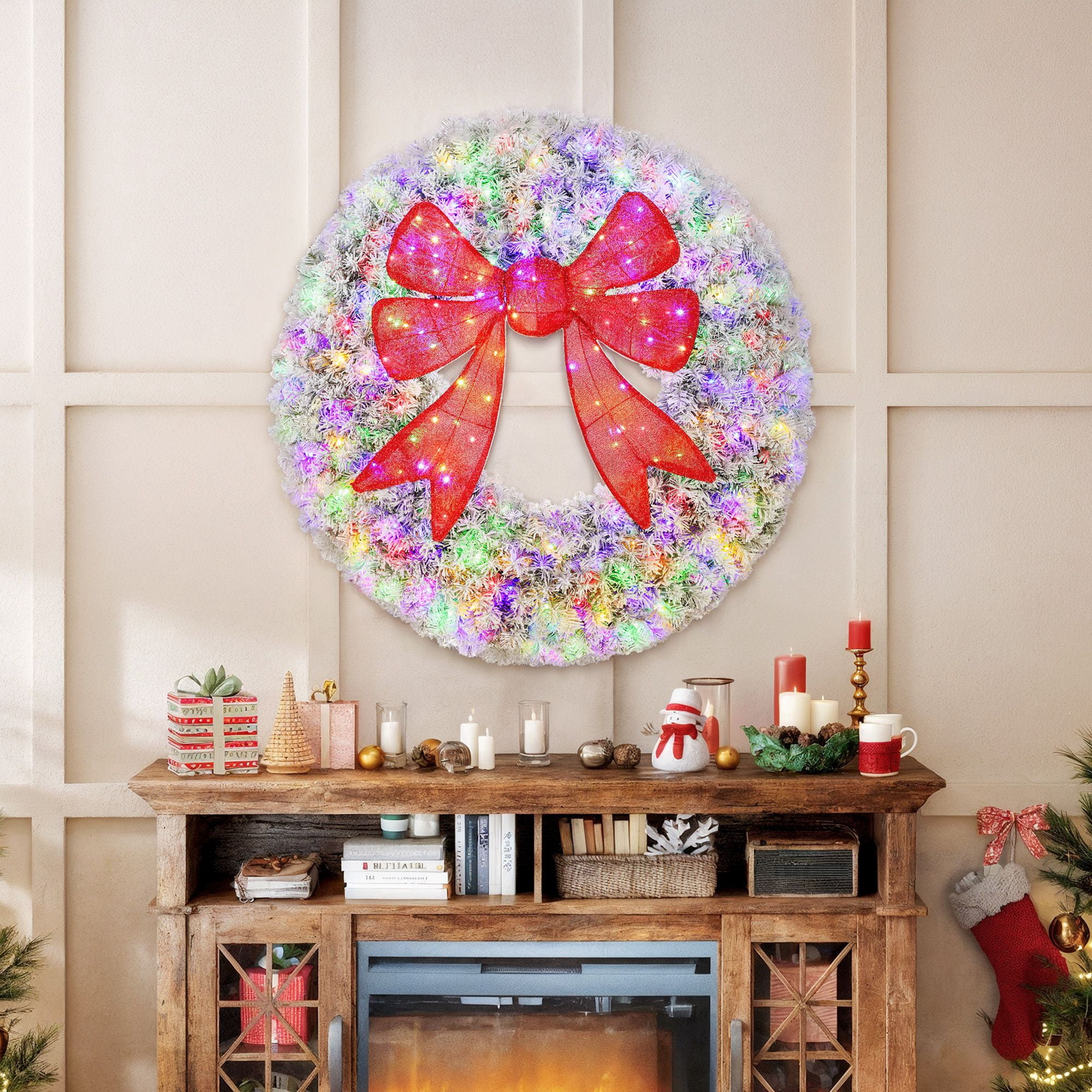 48-Inch Pre-Lit Christmas Wreath with 3D Bow, 200 LED Lights, 11 Lighting Modes, Remote Control, Flocked Front Door Decoration for Indoor and Outdoor Use