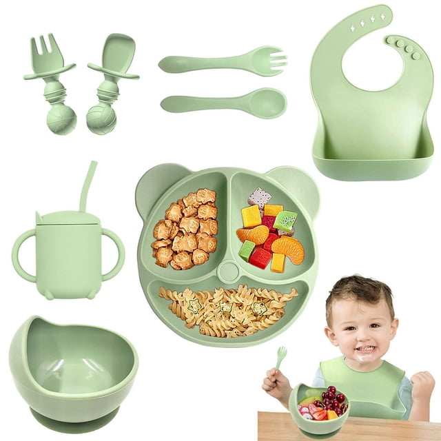 Platos de Silicona ALIYU Verde con Ventosa y Baberos para Bebé