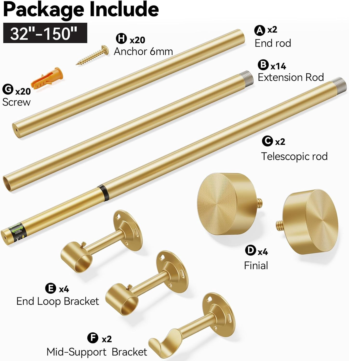 2 Pack Heavy Duty Curtain Rods 32-150 Inch, 1 Inch Adjustable Gold Curtain Rod for Windows, Extra Long Window Treatment Rods Set with Aluminium Finials, Modern Design