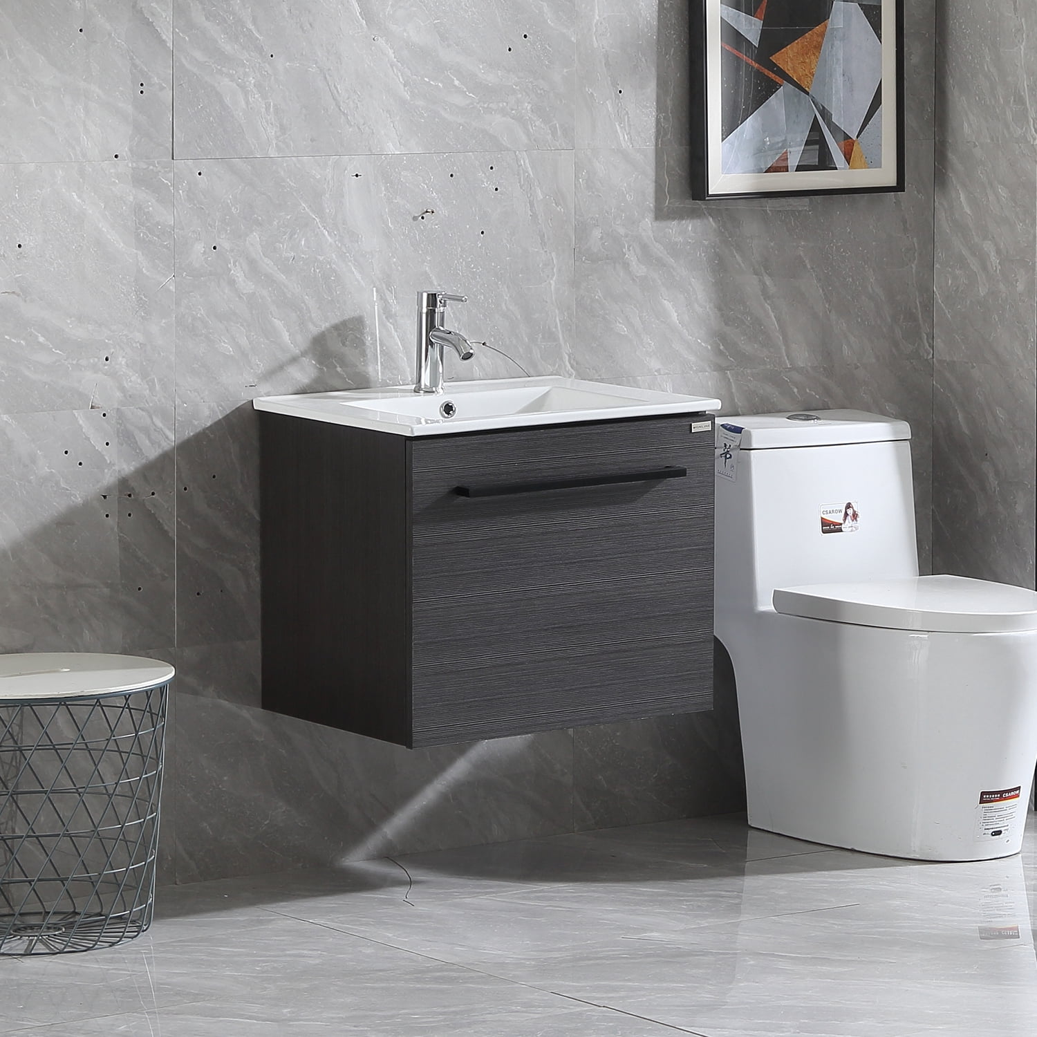 Wonline 24 in. Wall Mount Bathroom Vanity Black Wood Cabinet with Sink and Faucet Floating Style Mirror not Include