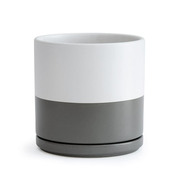 D'vine Dev 8 Inch Ceramic Planter Pot with Drainage Hole and Saucer, Indoor Cylinder Round Planter Pot, White/Speckled Grey, 94-O-D-6