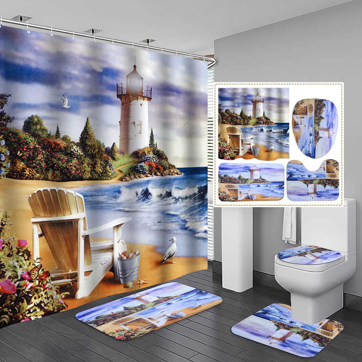 4PCS Sea & Lighthouse Bathroom Shower Curtain Toilet Cover Non-Slip Bath M t 