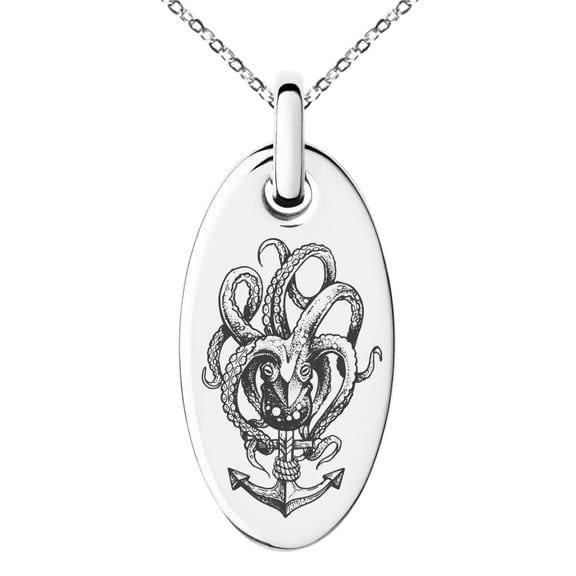 Stainless Steel Nautical Octopus Anchor Engraved Small Oval Charm Pendant Necklace