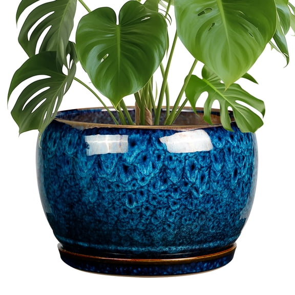 10 Inch Ceramic Planter Pot with Drainage Hole and Saucer, Peacock Blue Crackle Glaze Flower Pot, Round Ceramic Plant Container for Indoor Outdoor Plants, Home Garden Decor