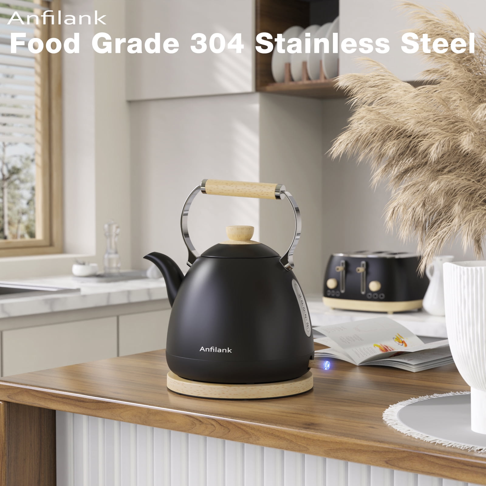 Anfilank Boil Water Electric Kettle, 1.7L 1500W, Coffee & Tea Kettle Stainless Steel, Wood Grain Design, Black