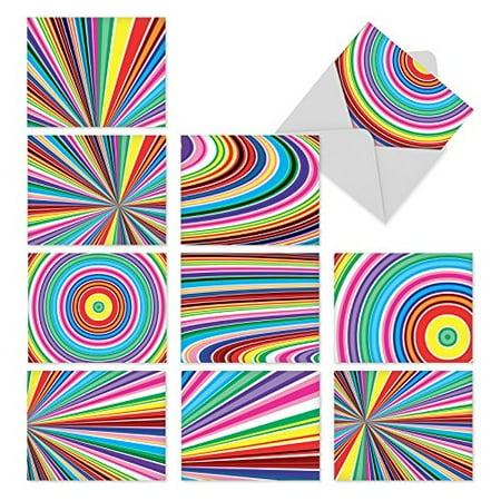 1991 Pacific Card 'M3110 ACID RAINBOW' 10 Assorted All Occasions Note Cards Feature Mesmerizing Op Art-like Patterns of Bright Colors with Envelopes by The Best Card Company ()