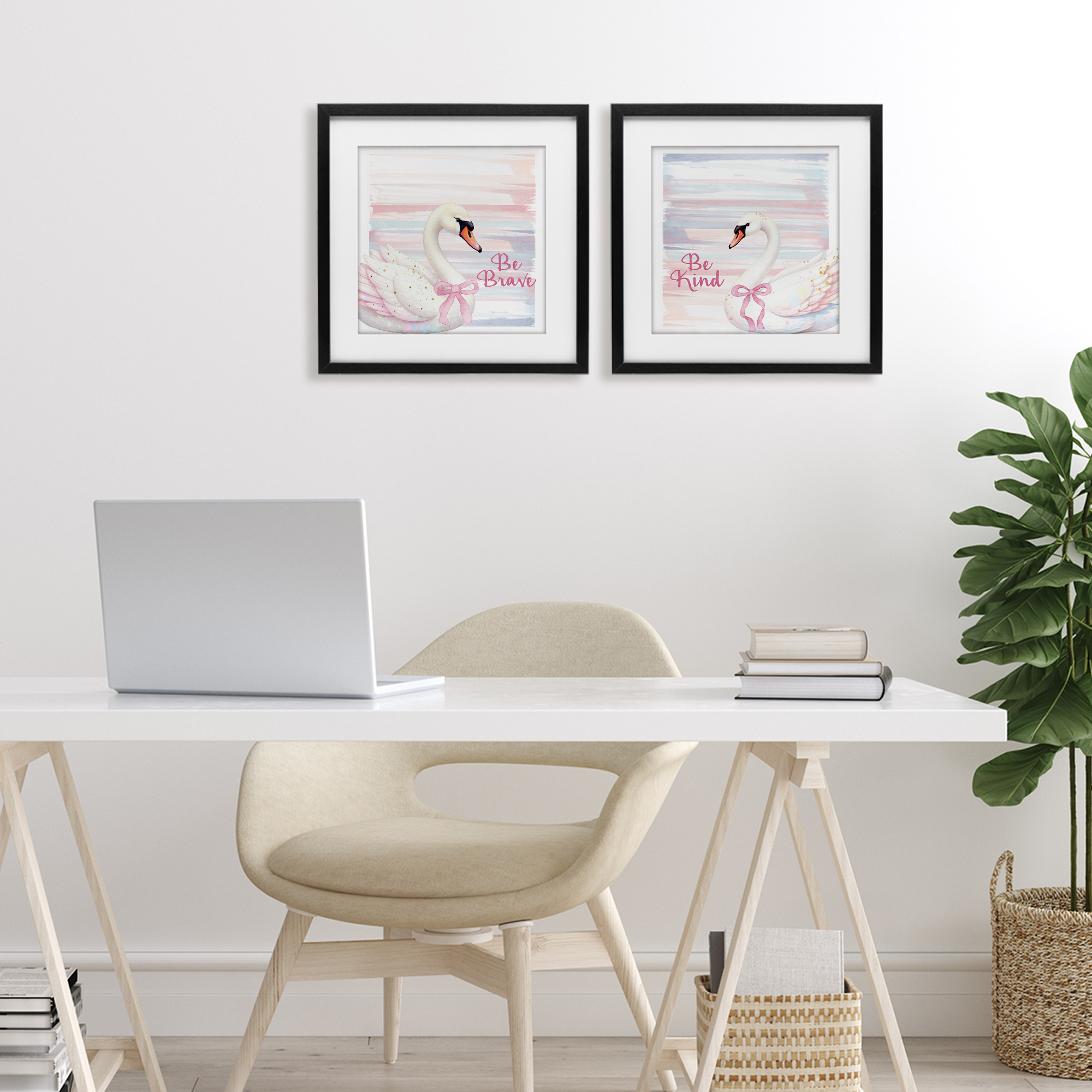 Be Brave & Kind Pastel Swan 2 Piece Black Framed Print Under Glass Set, design by Kim Allen