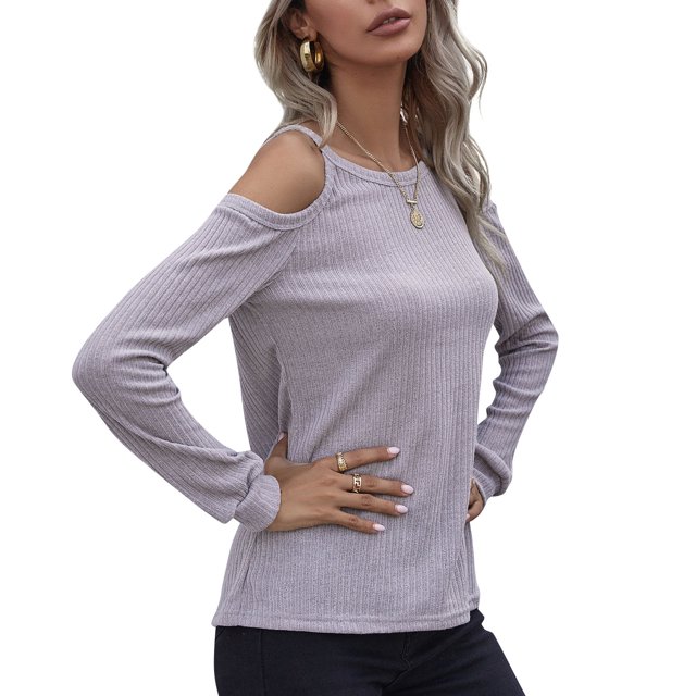 Camiseta de mujer acanalada Hombro frío O Cuello Blusa de manga larga Tops casuales de otoño Abanopi Gris/Extragrande