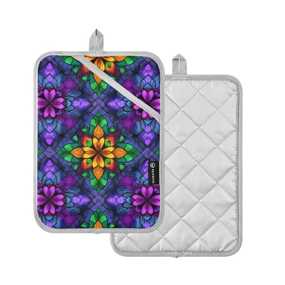 Yayeee Pot Holders Kitchen Heat Resistant with Pockets 7"x9.8" Cotton Oven Cooking Hot Pads, Purple Stained Glass Pattern