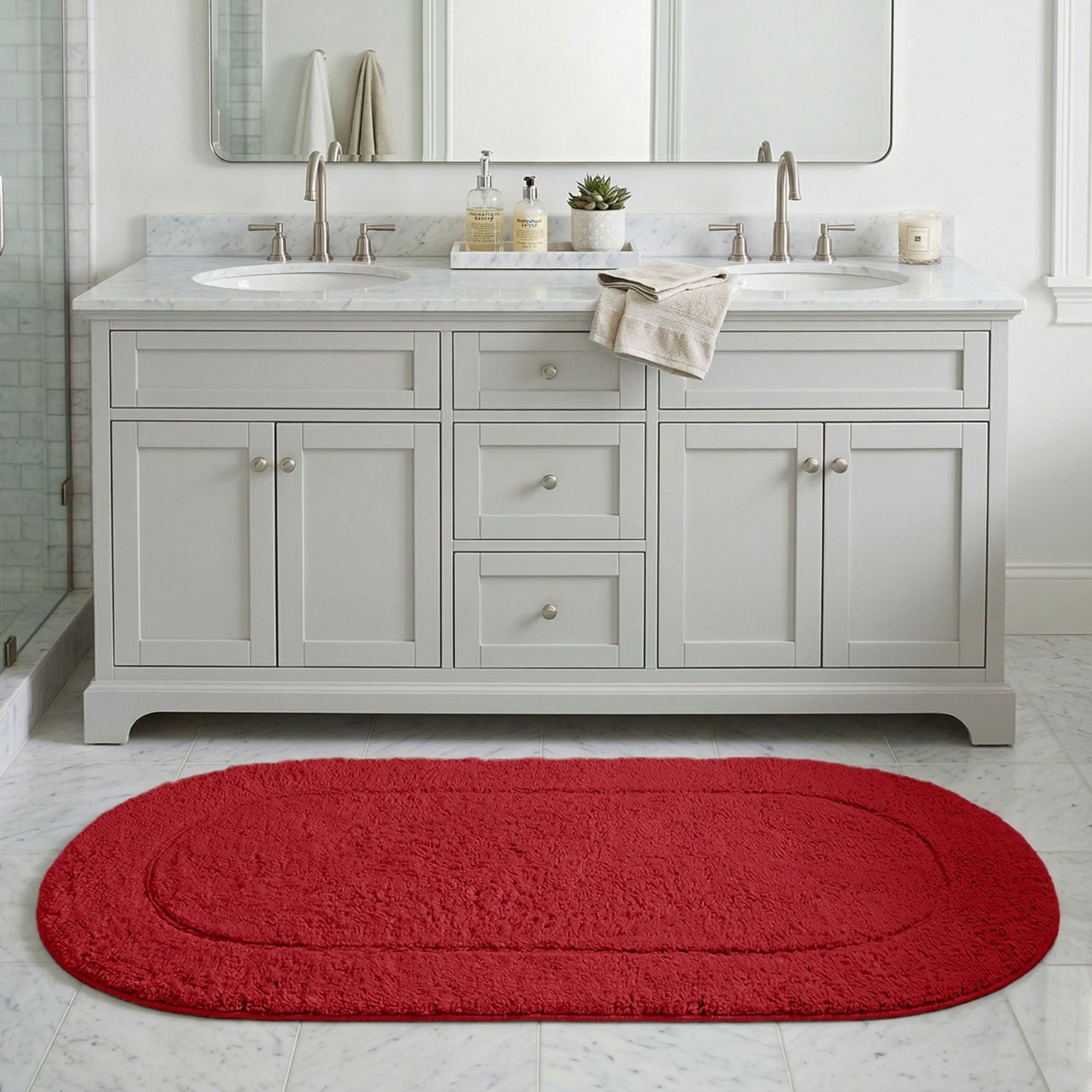 Superior Oval Bordered Cotton Washable Non-Slip Bath Rug, Runner Size, Burgundy