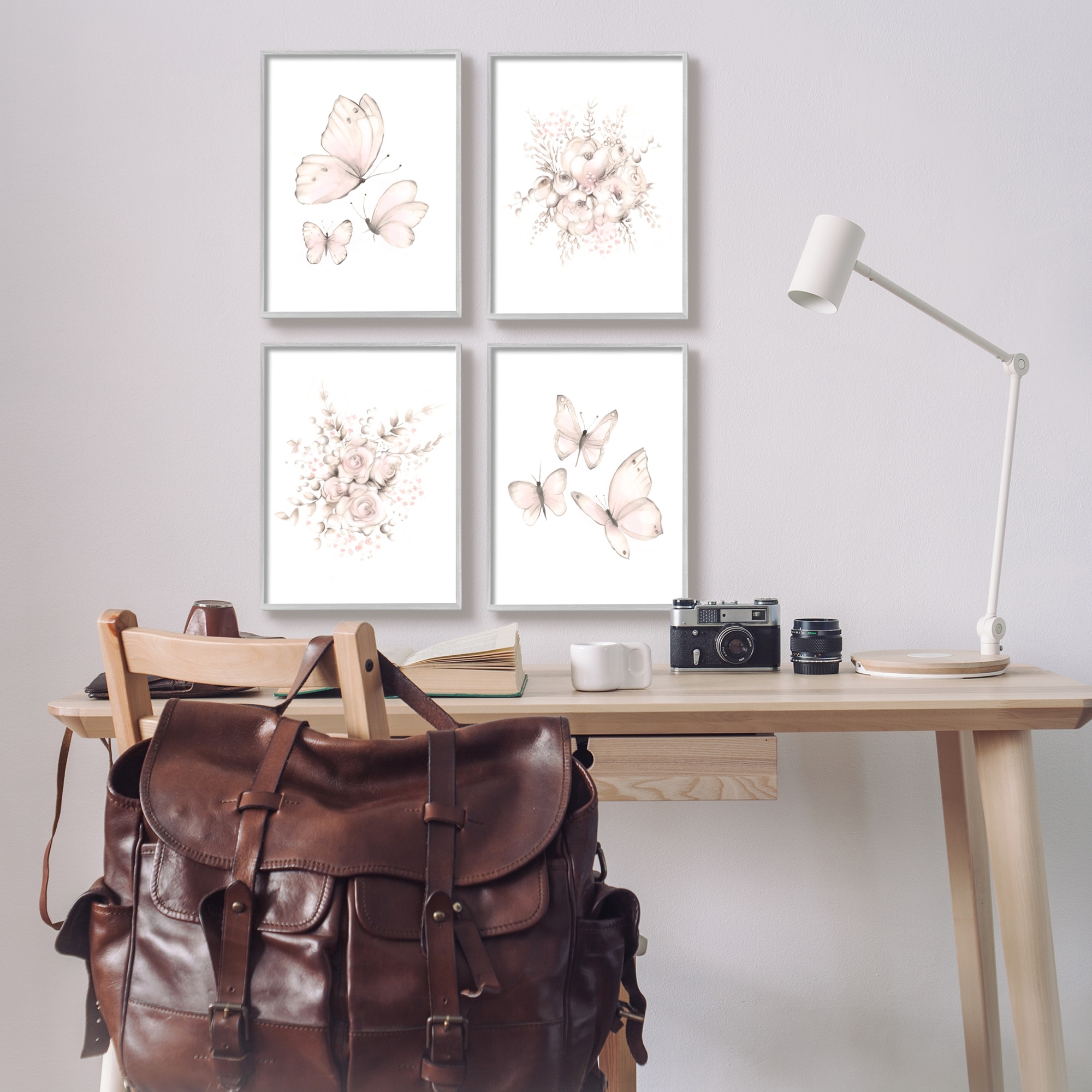 Stupell Industries Pastel Floral Blossoms Butterfly Insect Nature Painting Graphic Art Gray Framed Art Print Wall Art, Set of 4, Design by Studio Q