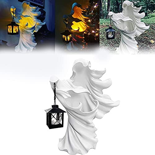 Realistic Resin Ghost Sculpture for Halloween Garden Decoration Witch Decoration Lantern The Ghost Looking for Light White Hells Messenger with Lantern