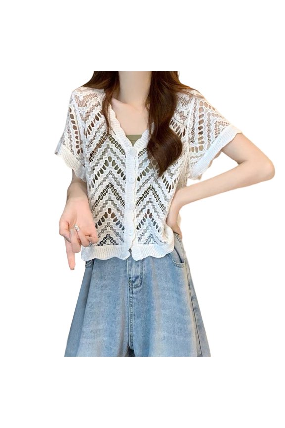 Women Short Sleeve Elegant Lace Shrug Hollow Out Crochet Cardigan Button Down Sheer Crop Top Cottagecore Clothing Trendy Soft Lightweight Breathable Blouse Beach Vacation Outfits, White One Size