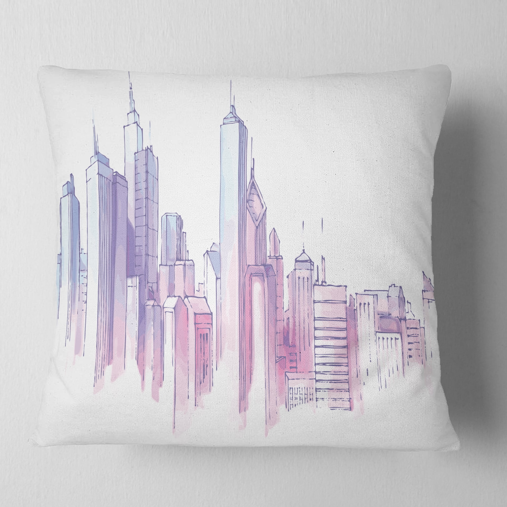 Designart Purple City Skyline - Cityscape Painting Throw Pillow - 16x16