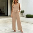 thumbnail image 2 of Womens Solid Color 2 Piece Outfit Set V Neck Sleeveless Cuffed Hem Top Elastic High Waist Pocket Wide Leg Pants Casual Matching Suit for Daily Vacation Khaki M(M), 2 of 8