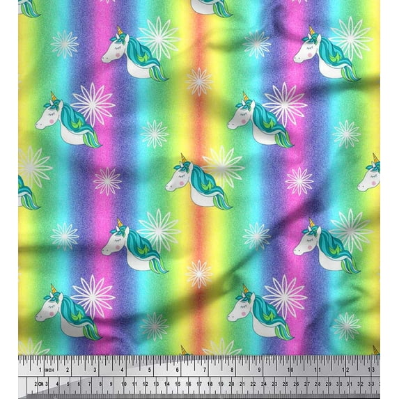 Soimoi Polyester Crepe Fabric Flower & Unicorn Face Print Fabric by The Yard 42 Inch Wide