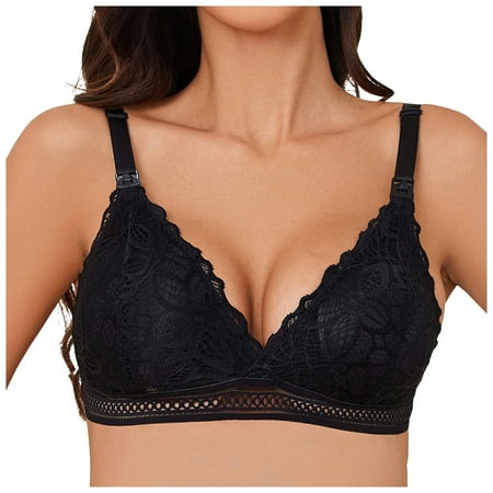 DXOUPM Lace Nursing Bras Wirefree Padded Nursing Bras for Breastfeeding V Neck Maternity Bra for Pregnancy Soft Lace Black L