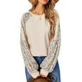 thumbnail image 1 of Blusa de mujer con cuello redondo y manga larga con estampado de leopardo y costuras de color caqui XL, 1 of 8