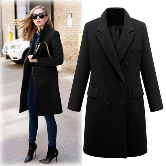 Winter Coats Jacket For Womens Long Sleeve Open Front Double Breasted Button Lapel Loose Outerwear Black XL