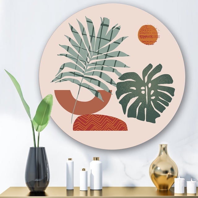 Designart - Moon & Sun Shapes In Retro Green & Terracotta Tone - Modern Metal Circle Wall Art