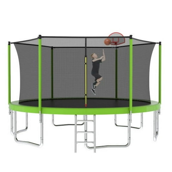 14FT Trampoline for Kids and Adults,Outdoor Large Recreational Trampoline with Ladder and Basketball Hoop,Green