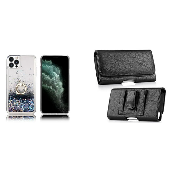 Waterfall Liquid Glitter Stand Case and Belt Holster Pouch for iPhone 14 Pro - Black