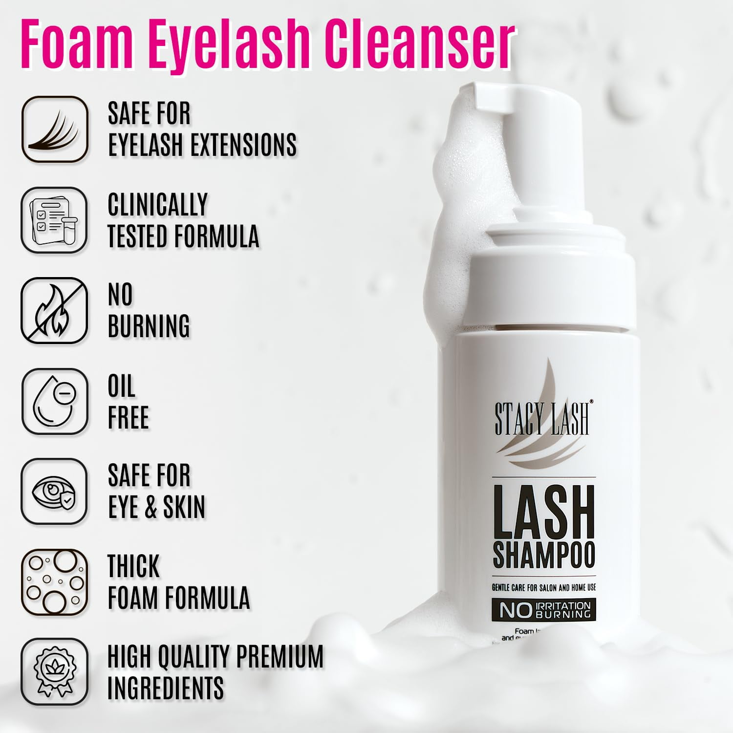 STACY LASH Lash Shampoo Kit Foaming Cleanser Eyelash Grooming Kit Includes Eye Lash Spoolies, Rinse Bottle, Cleansing Pad