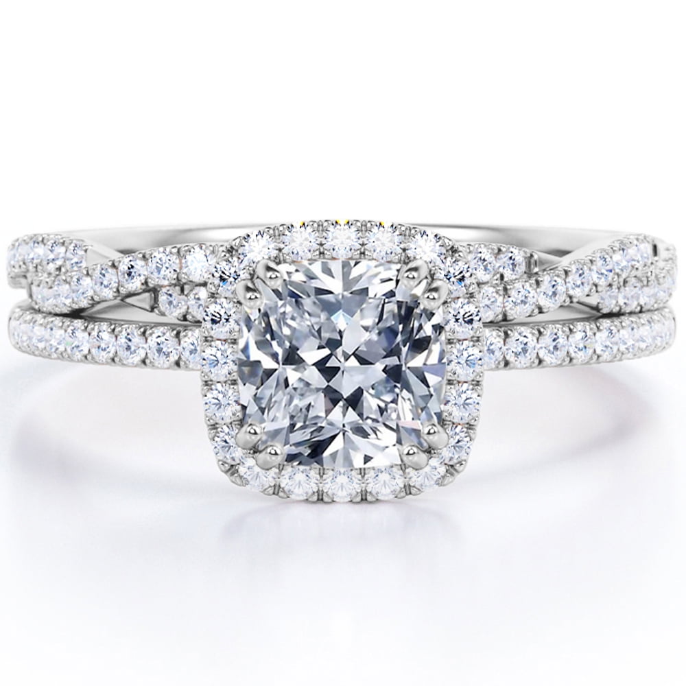 JeenMata 1.5 Carat Lab Grown Diamond Cushion Cut Halo Engagement Ring 10K White Gold Infinity Twisted Shimmering Wedding Set for Women Adult