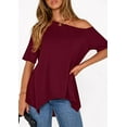 thumbnail image 4 of PRETTYGARDEN Off The Shoulder Tops for Women Summer Short Sleeve Asymmetrical Oversized Tee Shirts Casual Spring Clothes, 4 of 10
