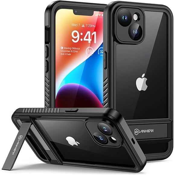 wonima11 Lanhiem for iPhone 14 Case with Kickstand, IP68 Waterproof Dustproof Built-in Screen Protector, Full Body Shockproof Protective Front and Back Cover for iPhone 14, 6.1 Inch (Black)