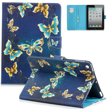Allytech iPad 4 Case,iPad 3 Case,iPad 2 Case - Colorful Pattern PU Leather Stand Wallet Smart Cover with Auto Sleep/Wake & Card Slots for Apple iPad 2nd /3rd /4th Generation, Golden Blue