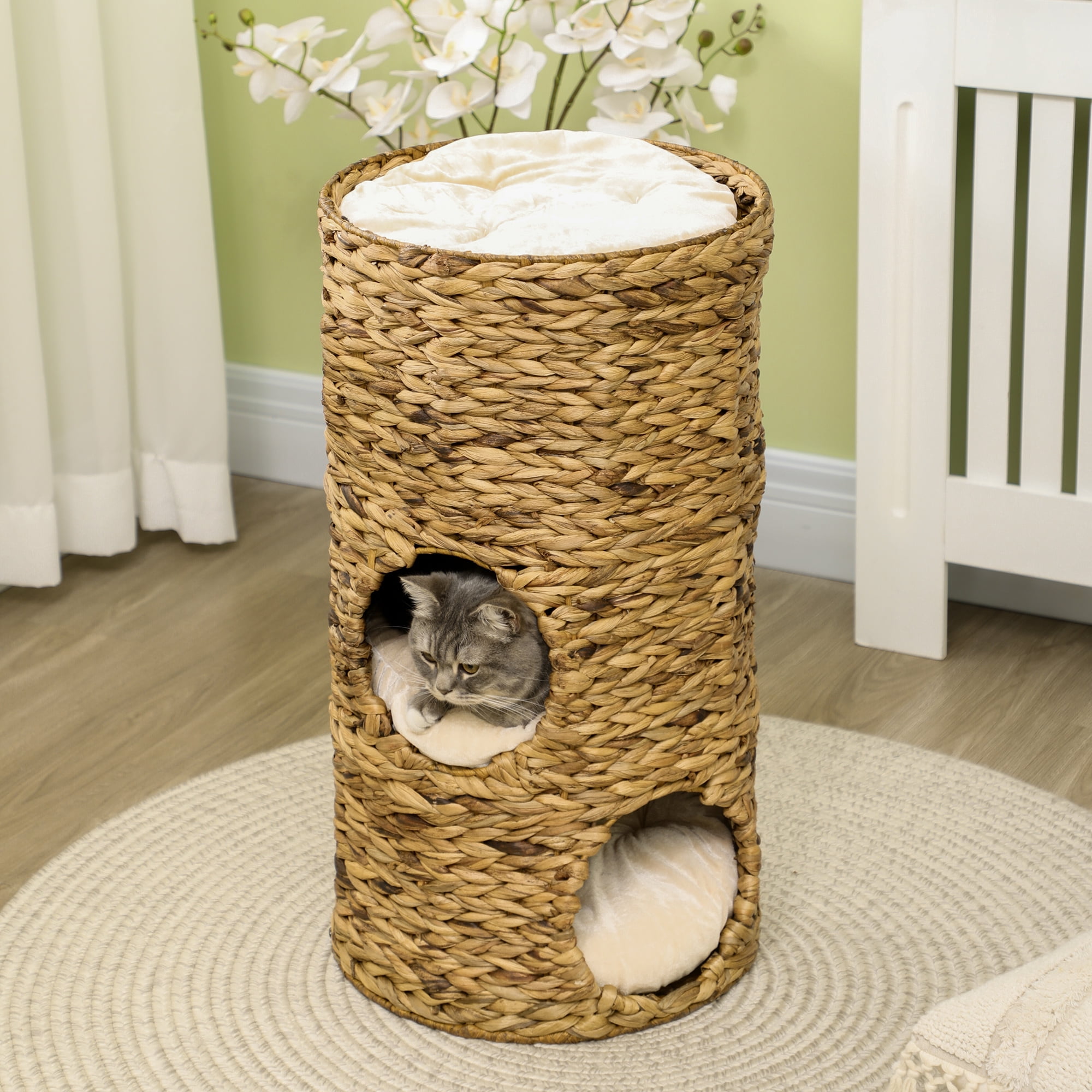 Elevated Cat Bed Tower with 3 Hideaways & 4 Plush Cushions, Multi-Layer Hand-Woven Water Hyacinth Cat Cave, Space-Saving Raised Kitten Resting Perch for Indoor Cats
