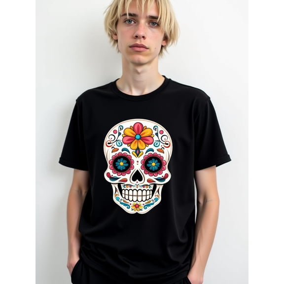 Day of the Dead Skull Tee Men graphic t shirts black casual gifts Fashionable summer T-shirt, machine washable Retro Unisex Shirt Cotton tshirts