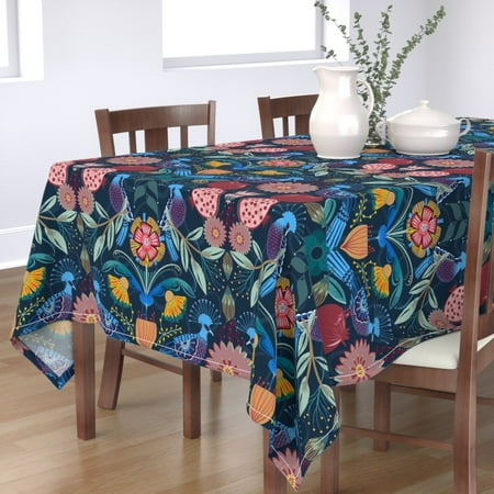 

Cotton Sateen Tablecloth 70 x 120 - Damask Vintage Retro Birds Navy Folk Scandi Print Custom Table Linens by Spoonflower