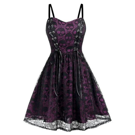 Women's Skull Print Goth Dress 2022 Halloween Camisole Punk Dress Lace Spaghetti Strap Steampunk Dress Goth Clothes