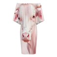 thumbnail image 4 of Pink Highland Cow Women's Off The Shoulder Ruffles Summer Wedding Guest Loose Casual Party Beach Dress, 4 of 9