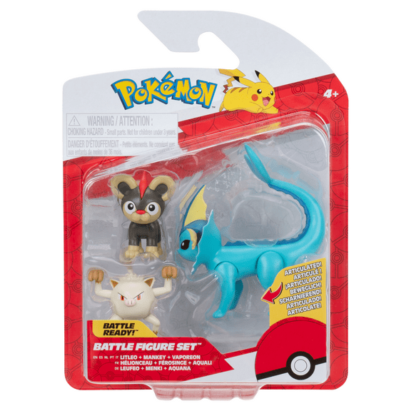 Pokemon Battle Figure 3 Pack - Features 2-inch Litleo and Mankey and 3-inch Vaporeon Battle Figures