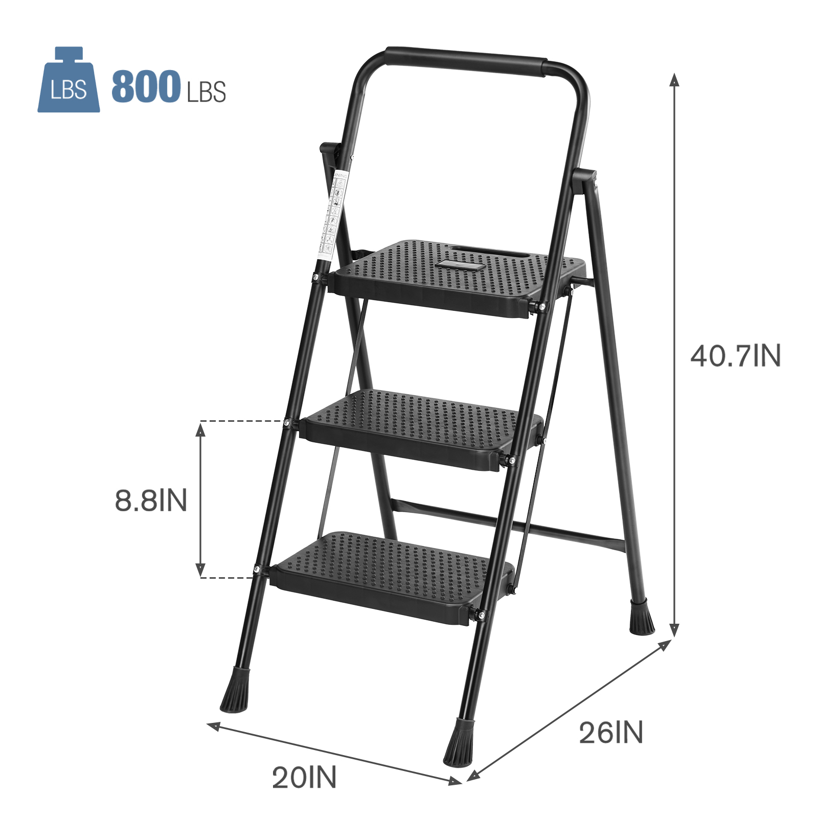 JIOABL 3 step ladder with Non-Slip Pedals and Comfortable Handrails - Portable Steel Ladder with 800 lbs Capacity - Ideal for Kitchen, Garage, and Outdoor Use -Black