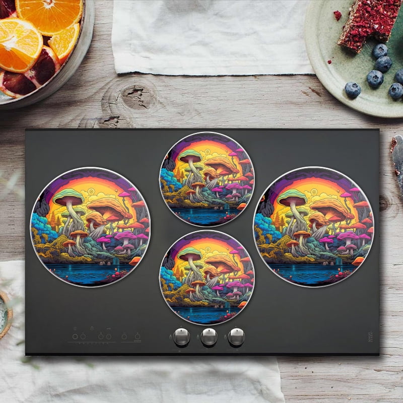 BaHomeck Electric Stove Burner Covers Set of 4,Round Metal Gas Stove Burner Covers 8 Inch and 10 Inch,Kitchen Decor,Mushroom Forest With Lake In Vibrant Colors