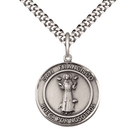 Medium Men's Round Pewter San Francis of Assisi Medal Pendant on 24" Rhodium Plated Heavy Curb Brass Chain w/ Lobster Claw Clasp, Catholic Religious Necklace -Made in USA-Velvet Gift Box