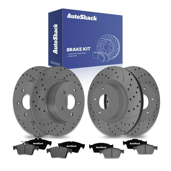 AutoShack Front Vented & Rear Solid Drilled & Slotted Coated Brake Rotors Black Matte Finish   Ceramic Pads 12-PC Brake Kit Replacement for 2014 Ford Transit Connect BlackShield